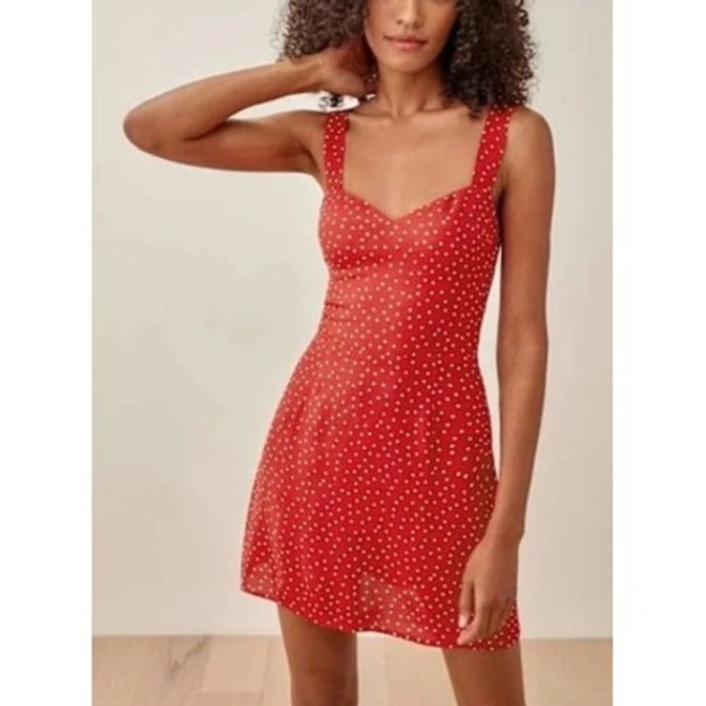 Reformation Humphrey Mini Dress Size 0 Red Cherry Polka Dots Sweetheart Back Zip